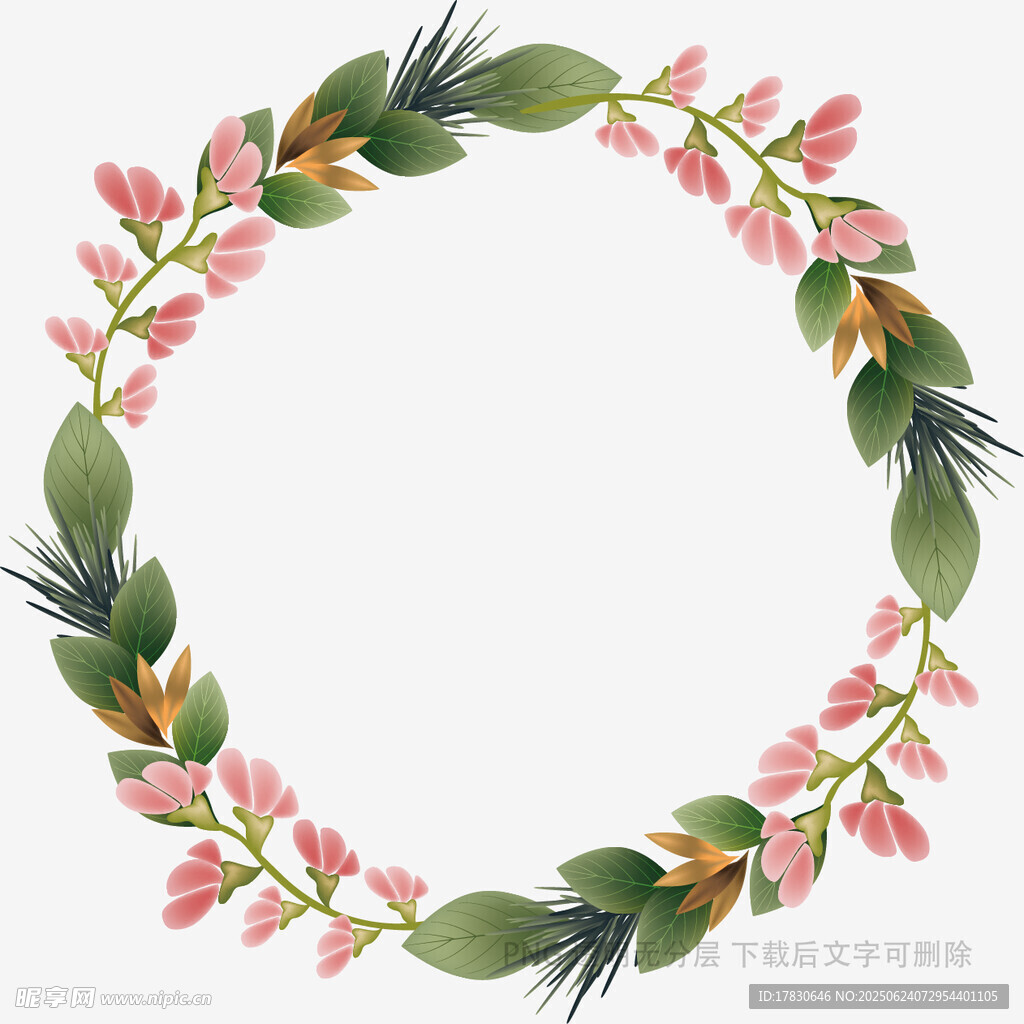 粉色花卉綠葉花環圖案