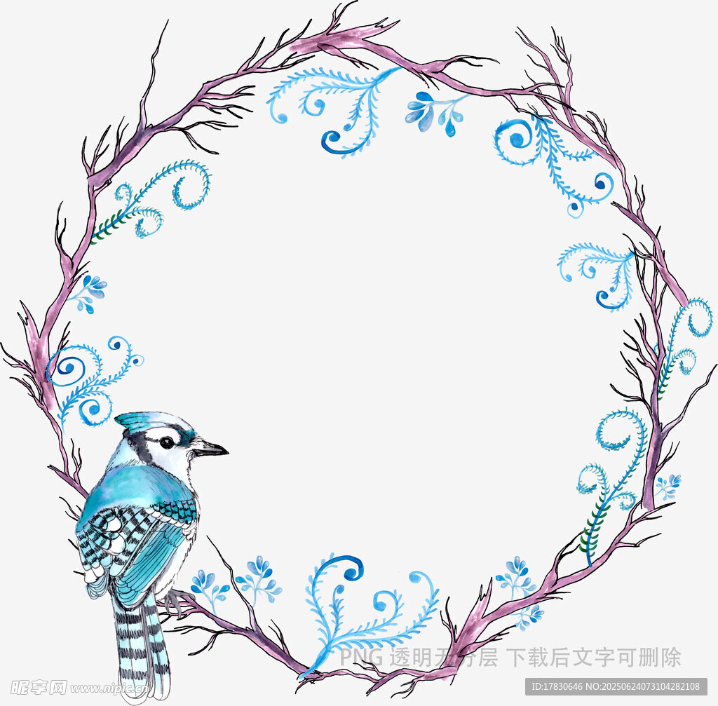 藍鳥棲于藤蔓環繞的畫面