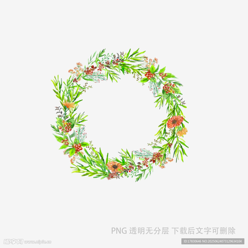 手繪花卉綠葉裝飾花環