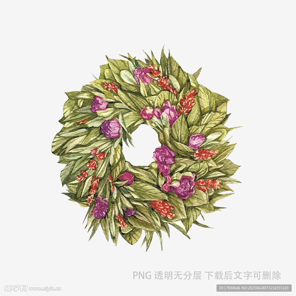 手繪花卉綠葉裝飾花環