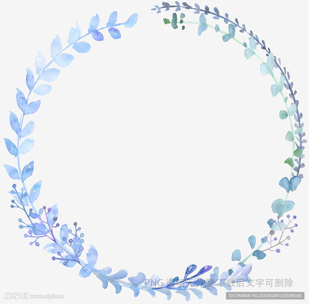 藍色水彩花卉圓形花環