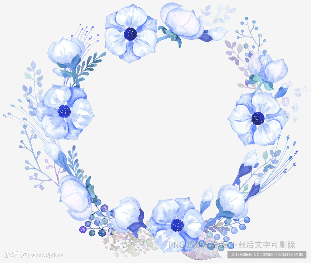 藍(lán)色花卉手繪圓形花環(huán)