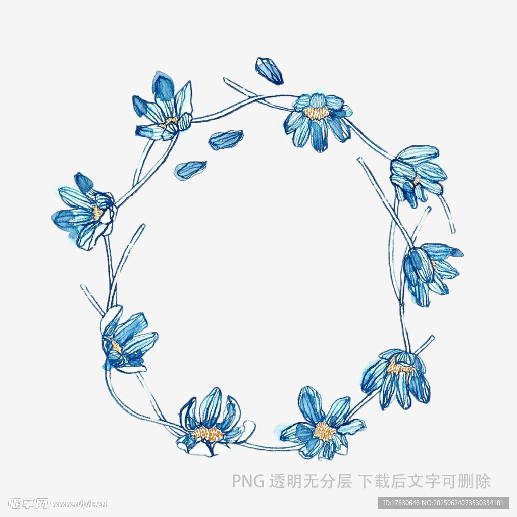 藍色花朵手繪圓形花環(huán)