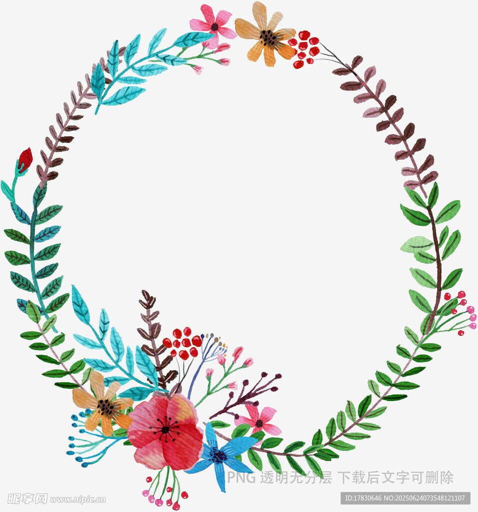 手繪多彩花卉環形裝飾圖案