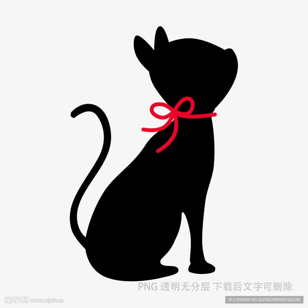 系紅絲帶的黑貓剪影