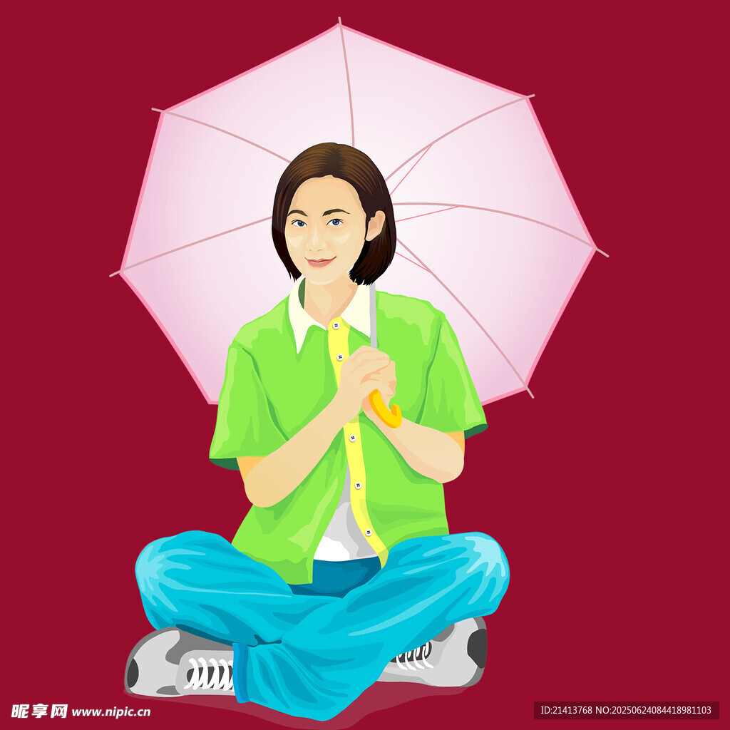 持傘靜坐的綠衣女子