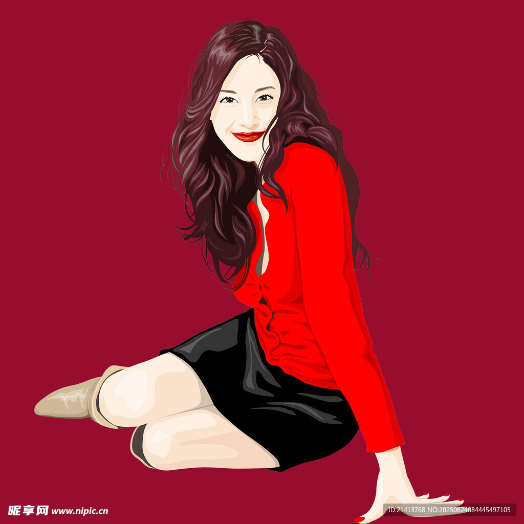 紅衣女子優(yōu)雅坐姿插畫