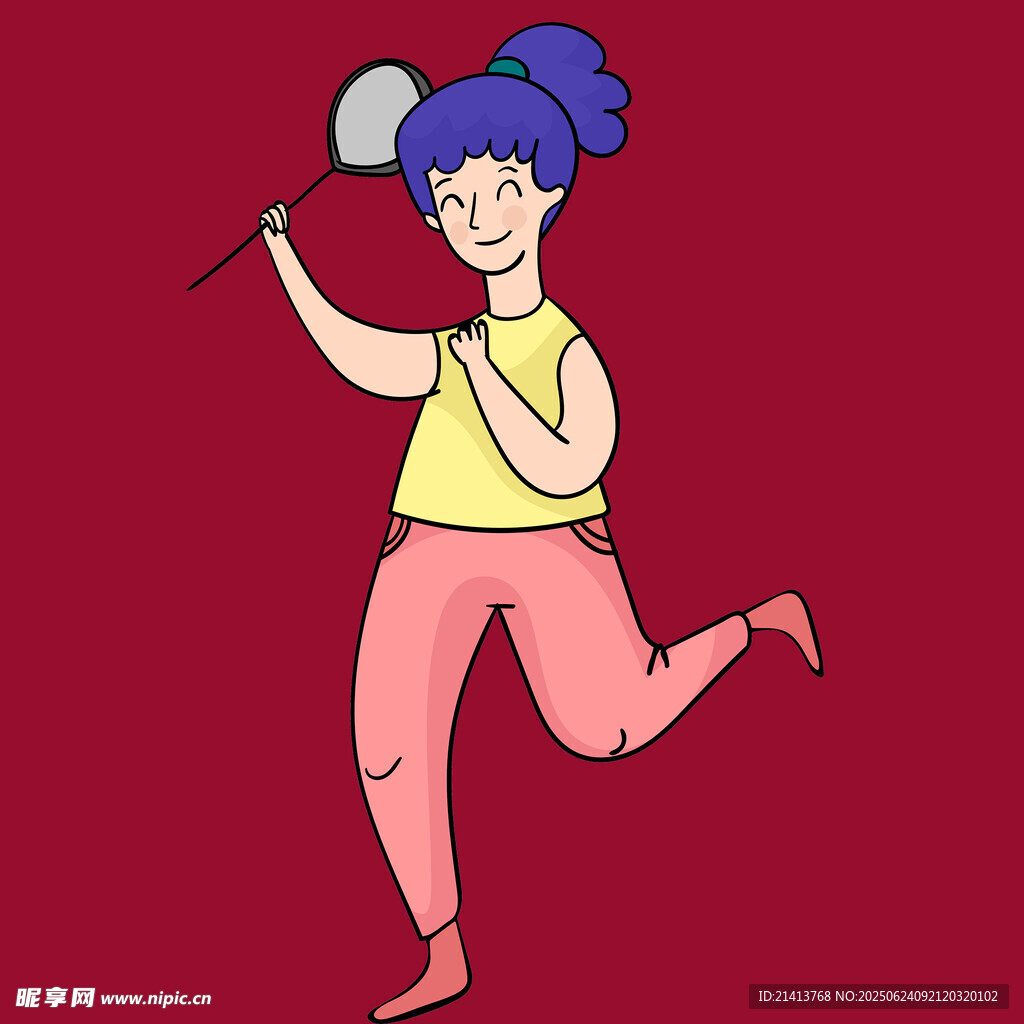 活力女孩持球拍快樂奔跑