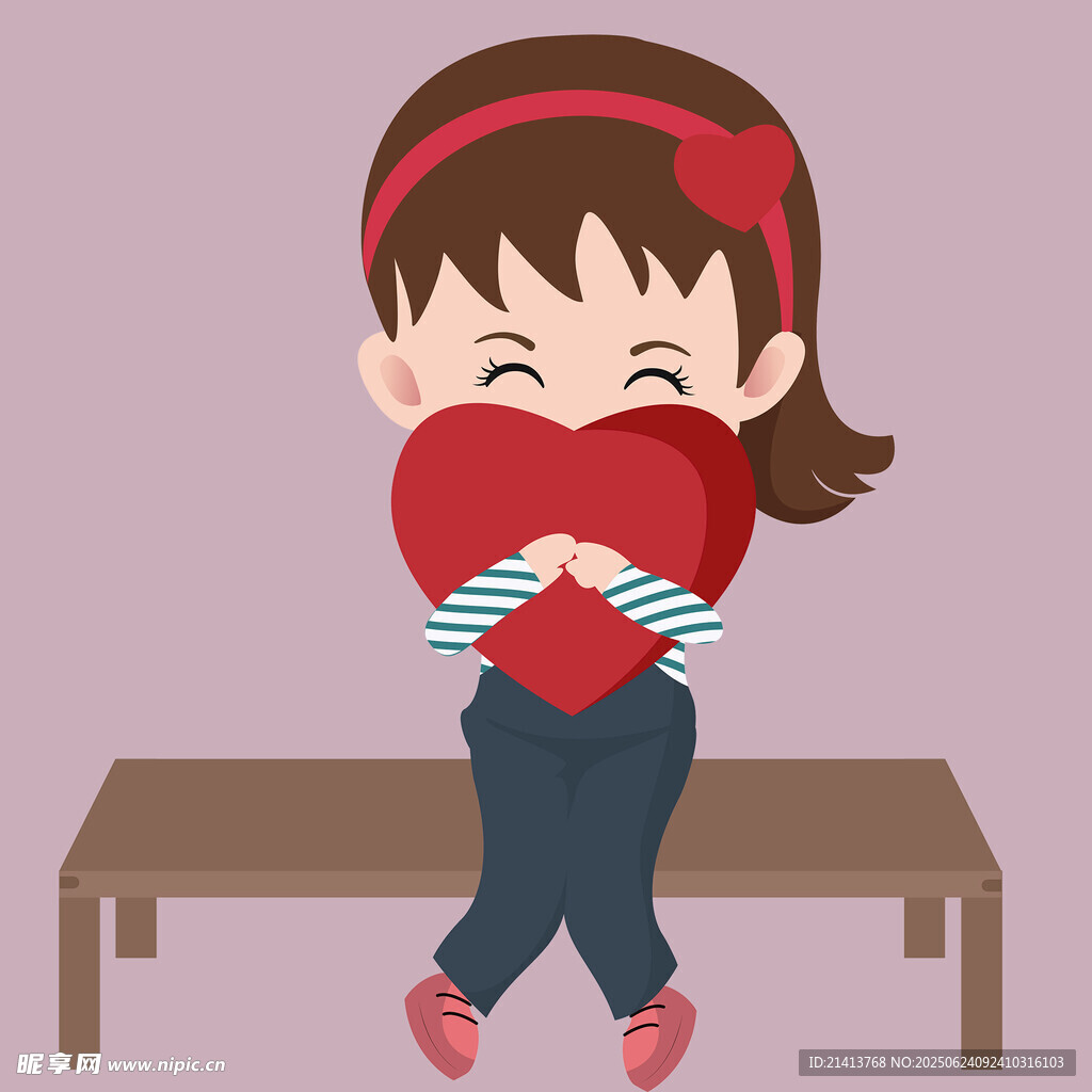 女孩抱紅心坐長(zhǎng)椅