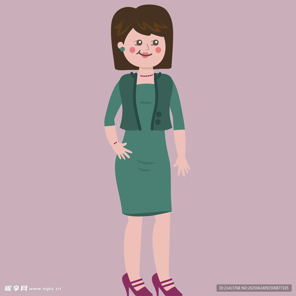 身著綠裙的時尚卡通女性