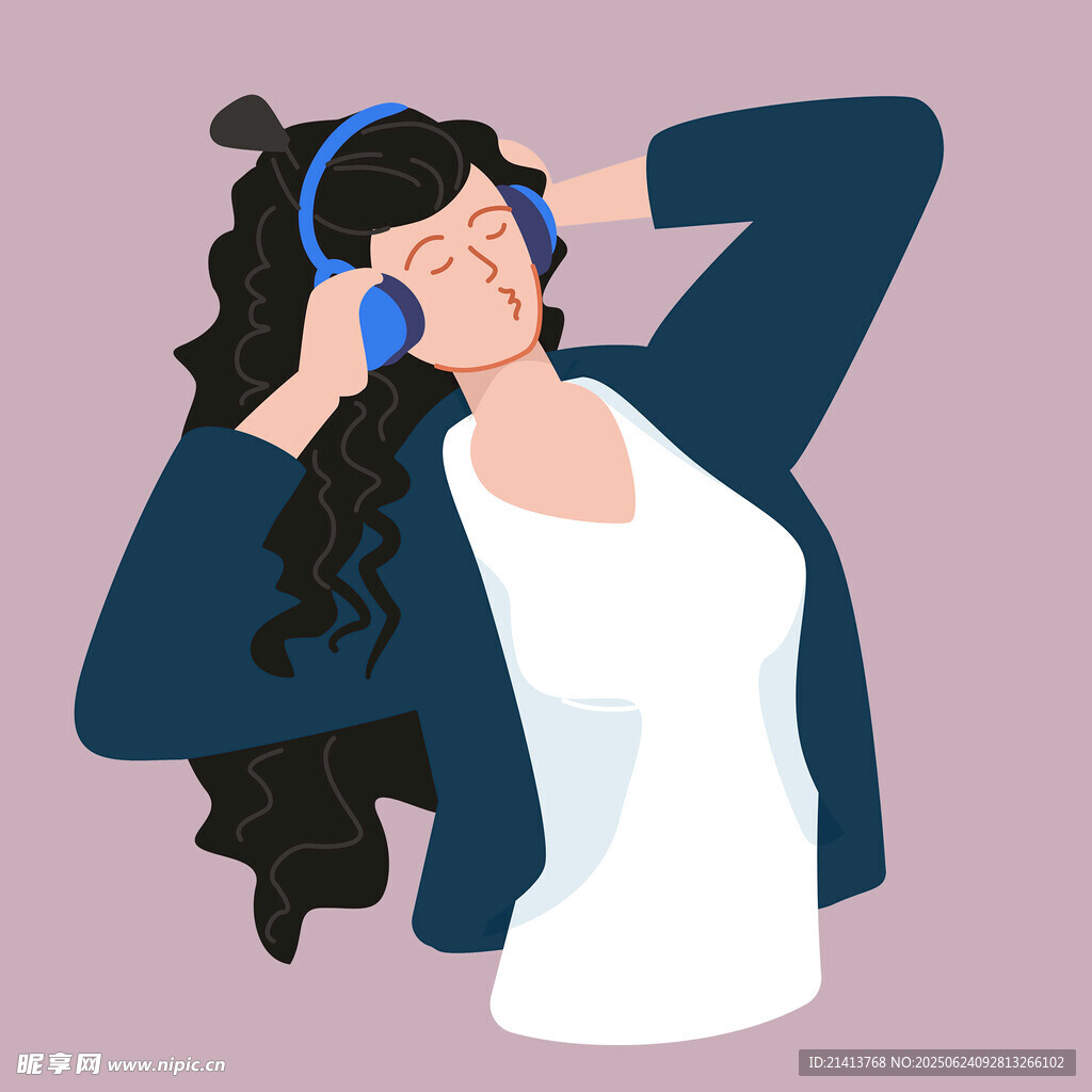 戴耳機享受音樂的卷發(fā)女子