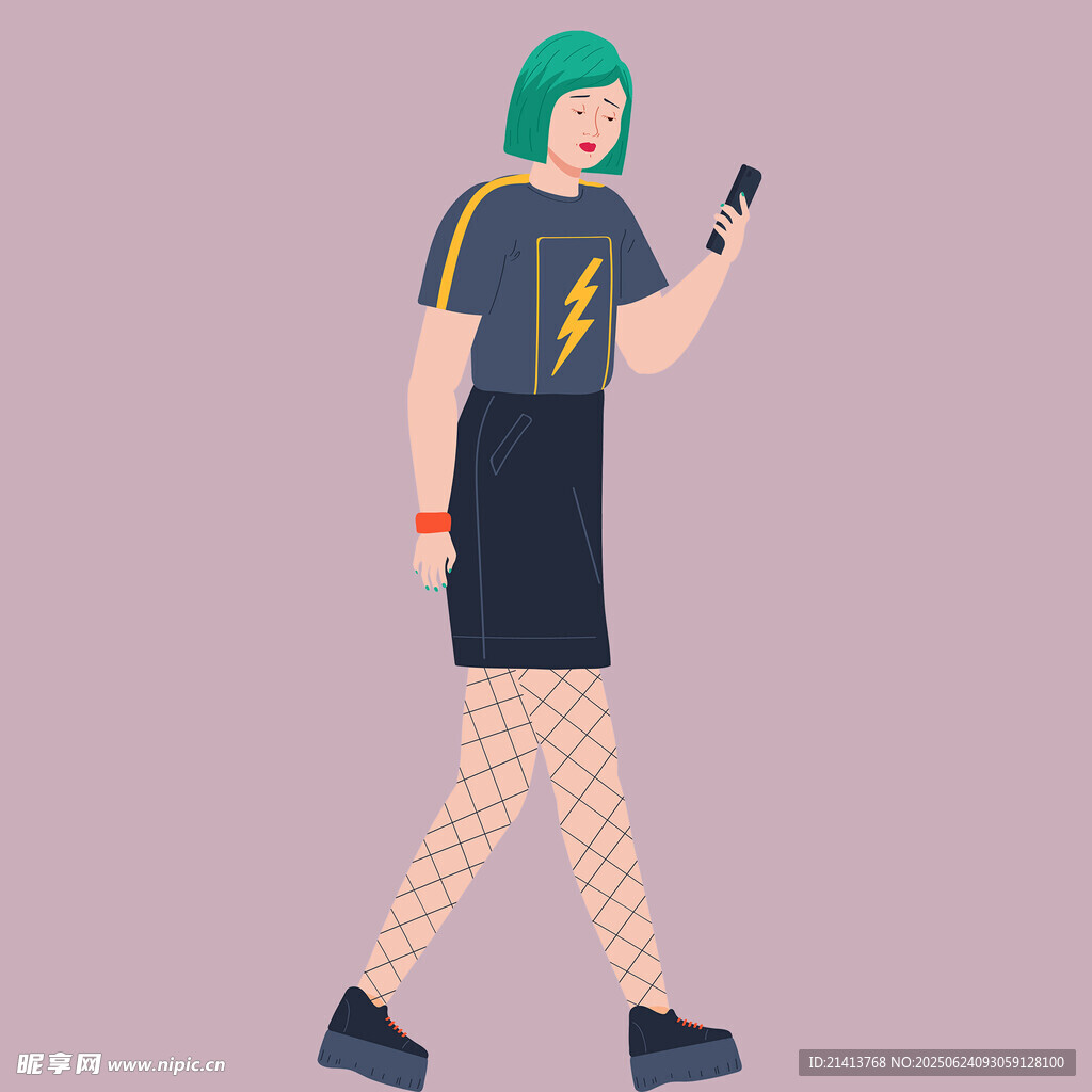 綠發(fā)女子走路時看手機(jī)