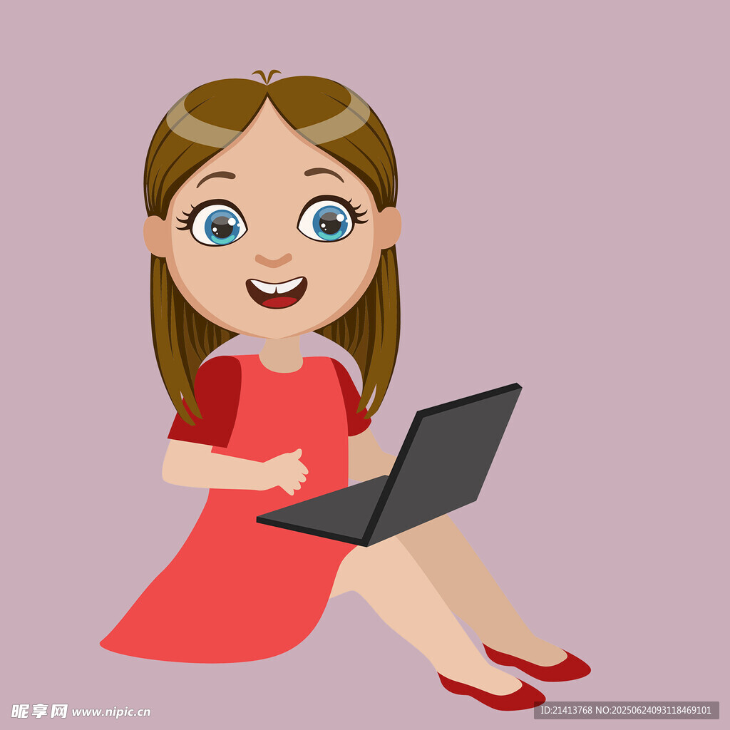 紅衣女孩開心用筆記本電腦