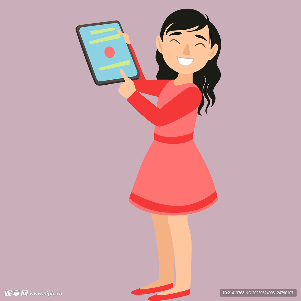 紅衣女子手持平板展示畫面