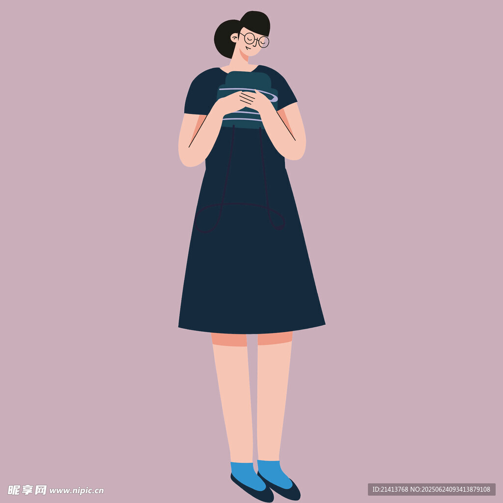 身著藍裙的低頭沉思女子