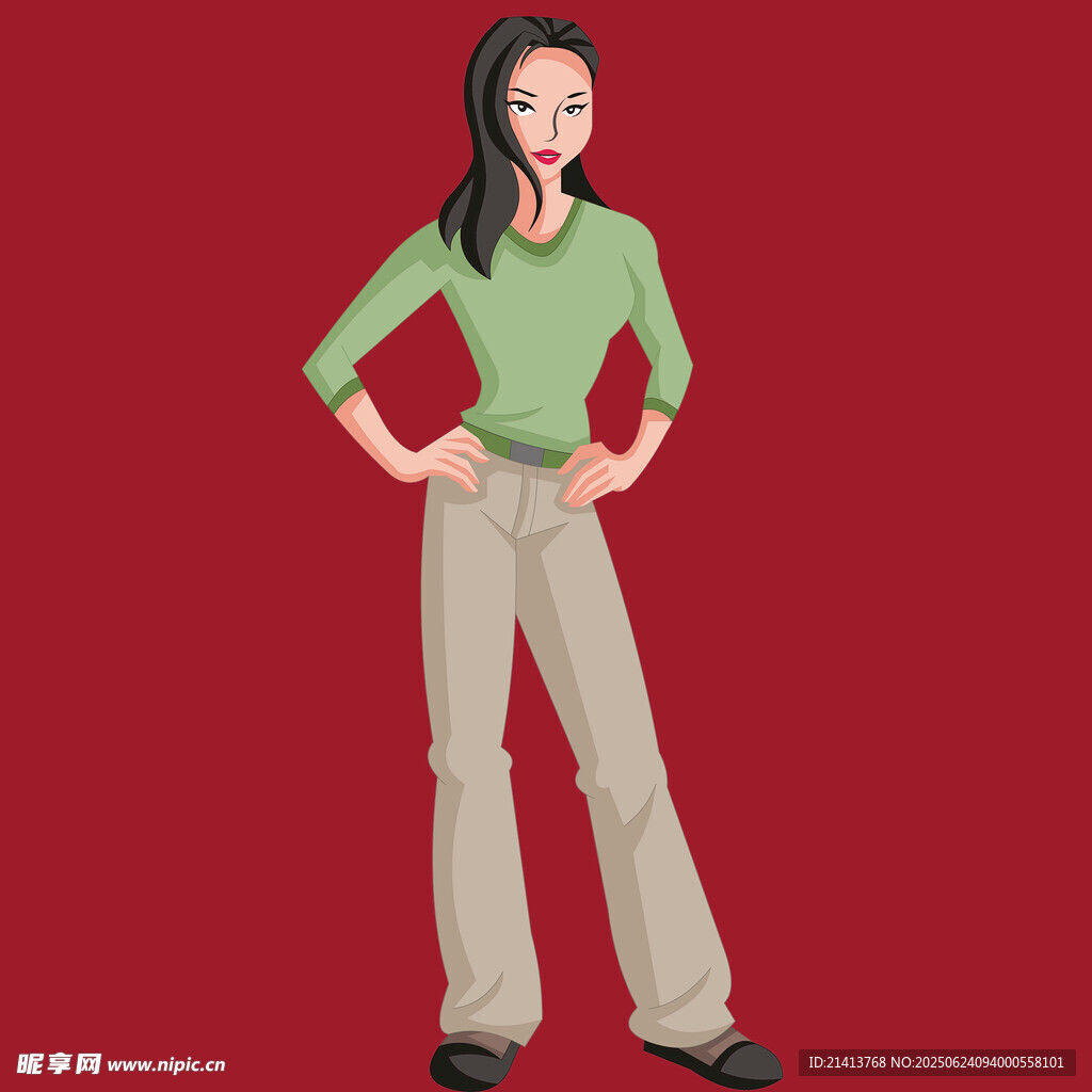 綠衣女子叉腰自信姿態(tài)
