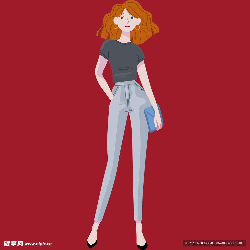 時(shí)尚紅發(fā)女子休閑穿搭