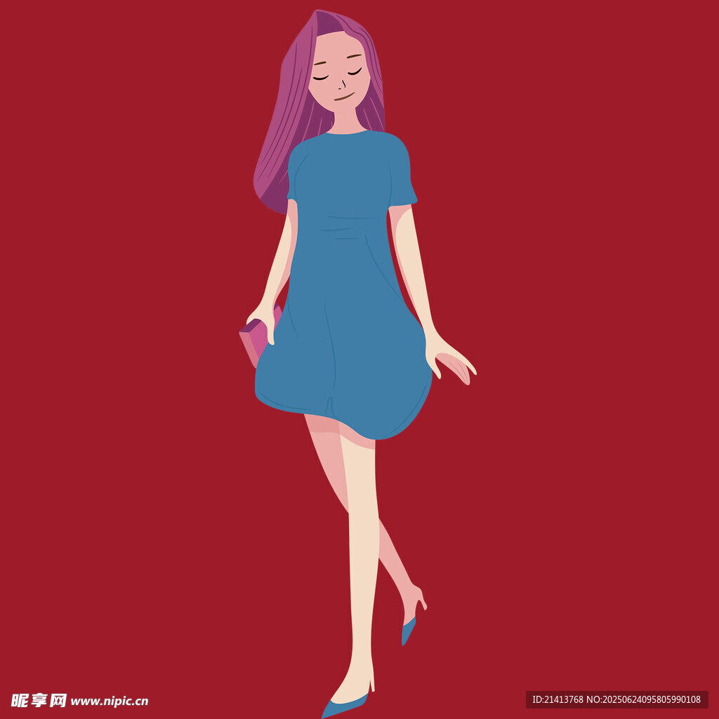 穿藍裙的時尚長發女子