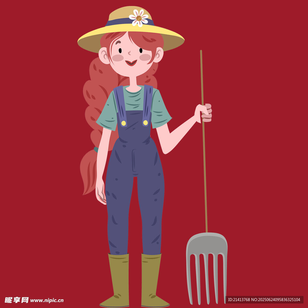 田園女孩手持農具勞作