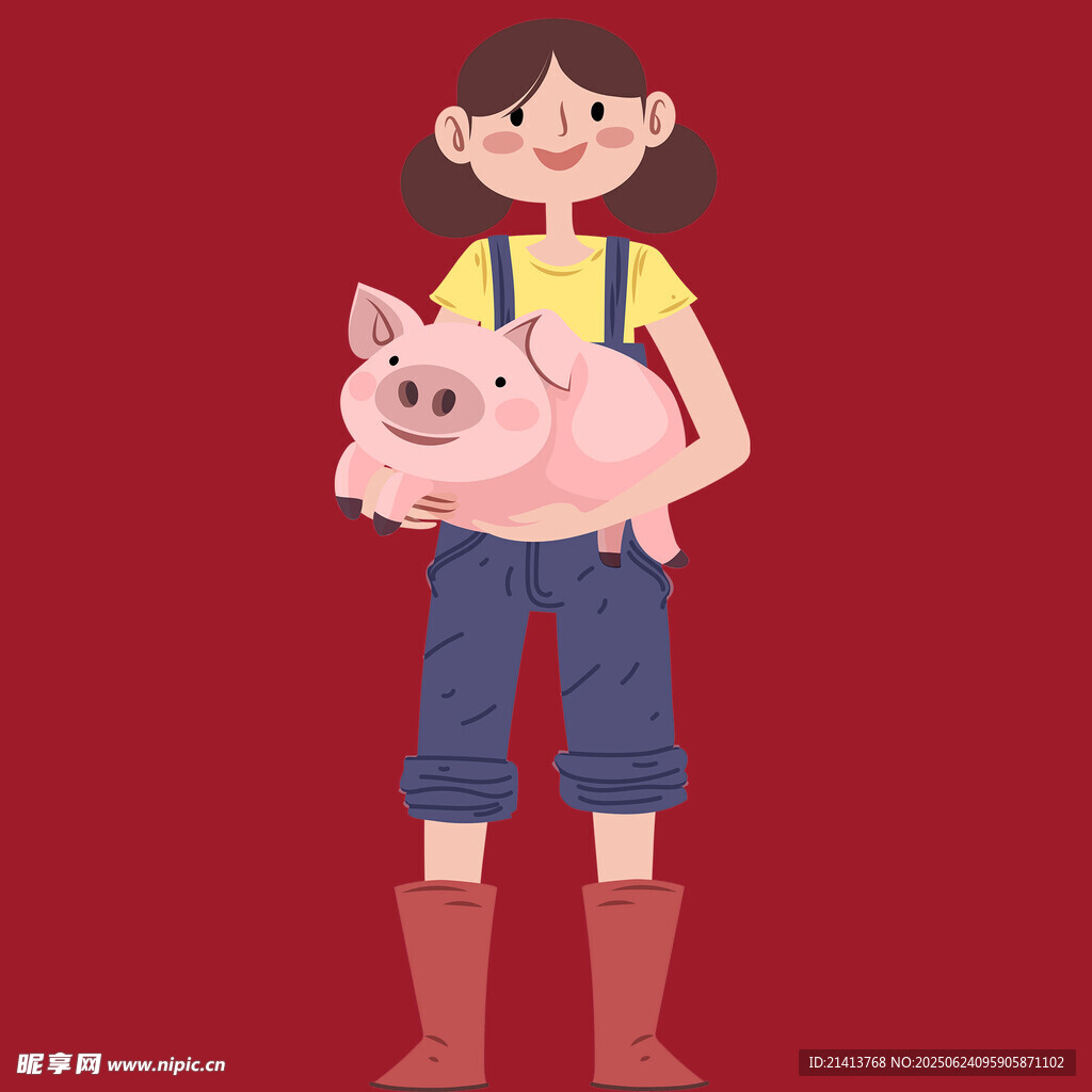 女孩懷抱小豬的溫馨畫面
