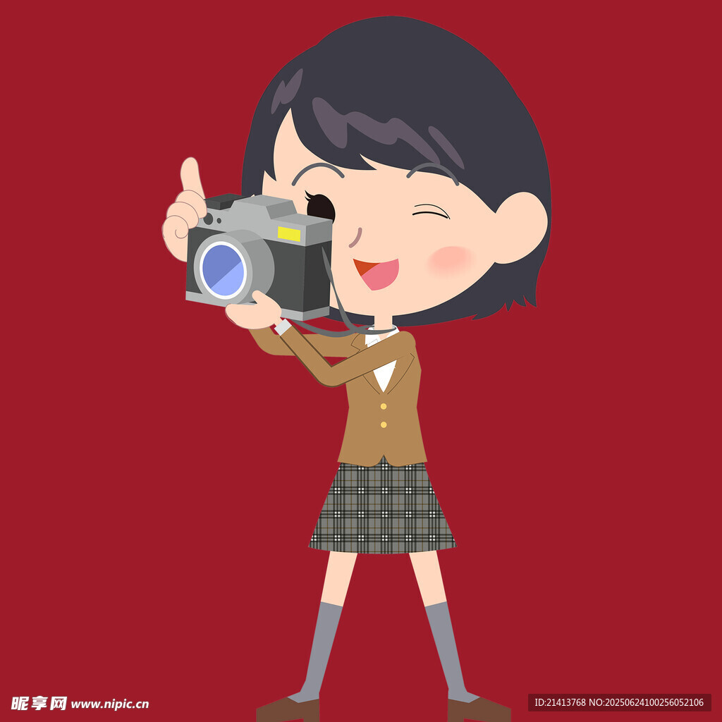 女孩手持相機開心拍照