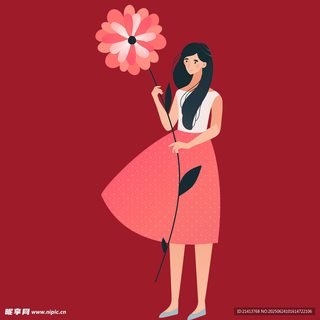 手持花朵的時尚紅衣女子