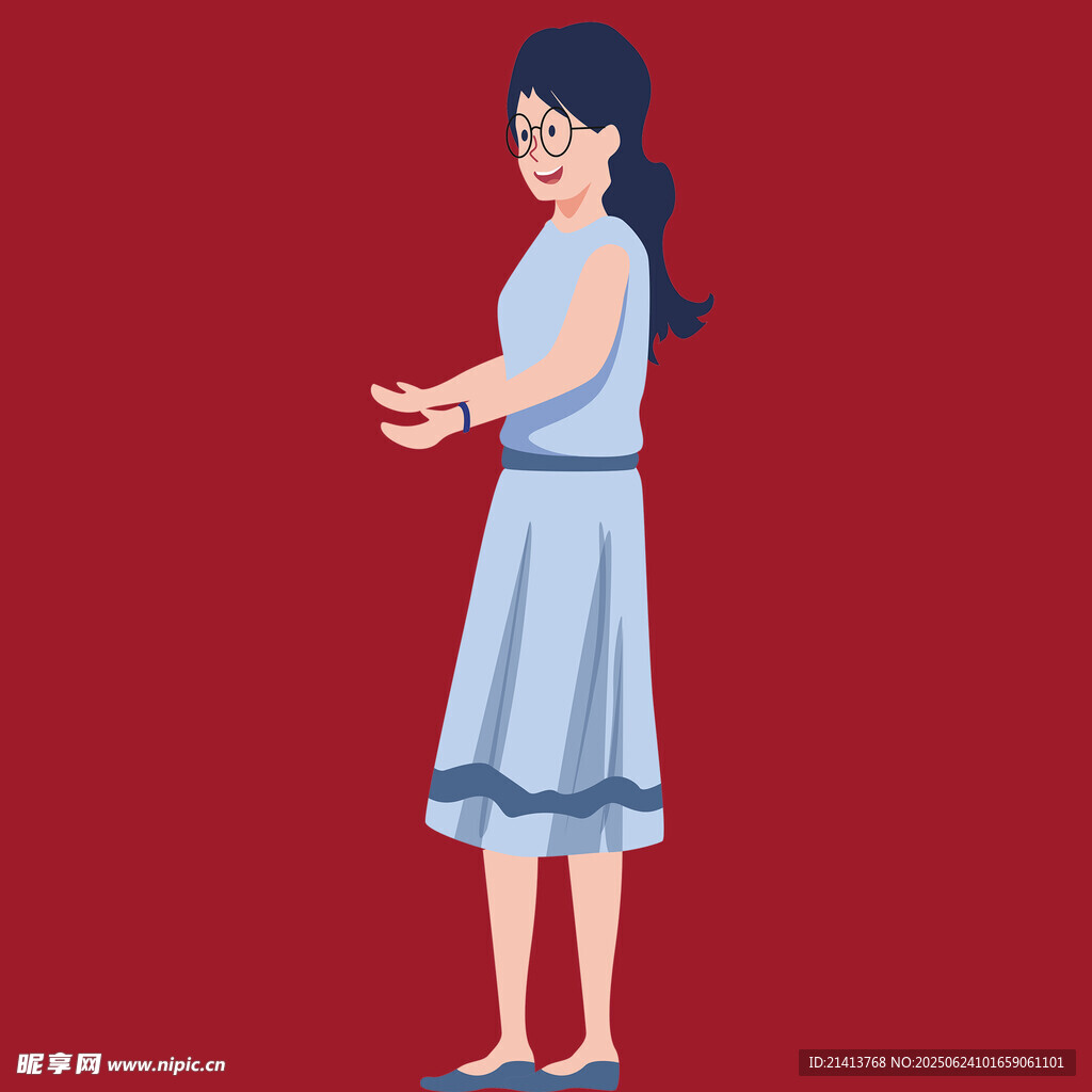 穿藍裙女子伸手示意