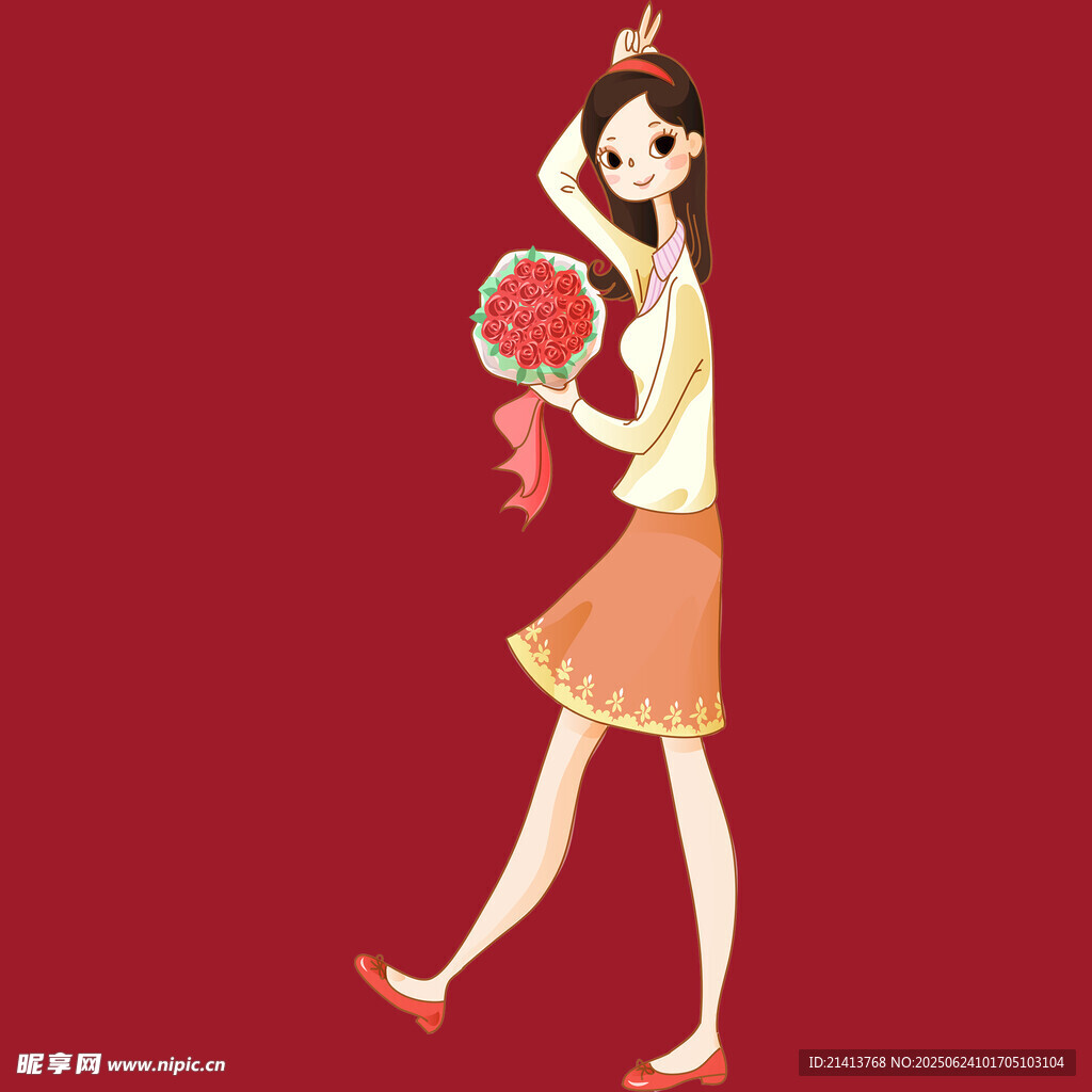 手持花束的時尚紅衣女子