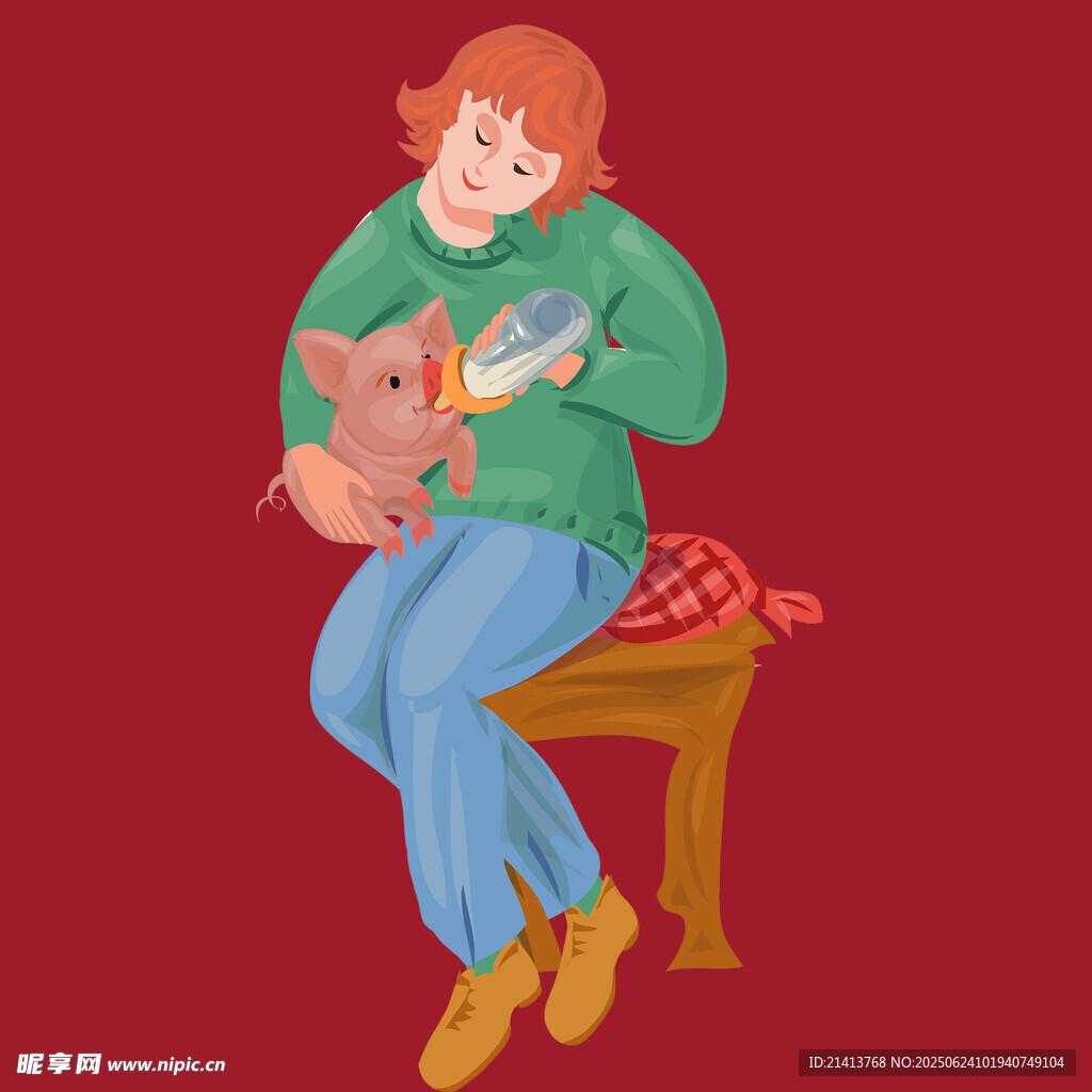 女孩溫馨喂食小豬畫面