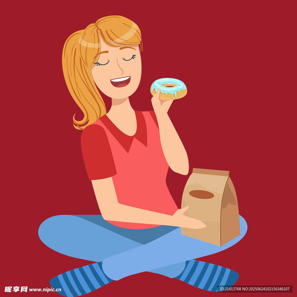 女孩開心享用美味甜甜圈