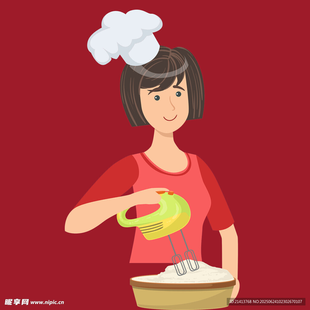 女士頭戴廚師帽攪拌食材