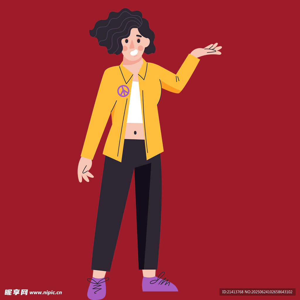 穿黃外套女士伸手示意