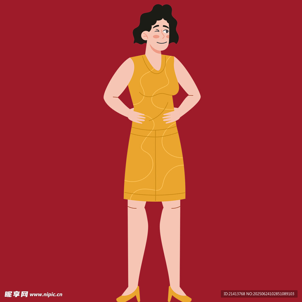 穿黃裙叉腰站立的女士
