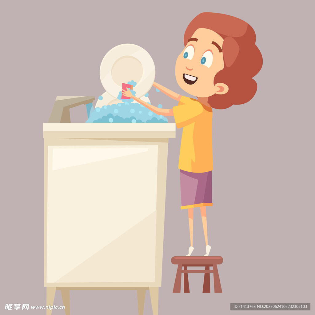 小女孩站在凳子上開心洗碗