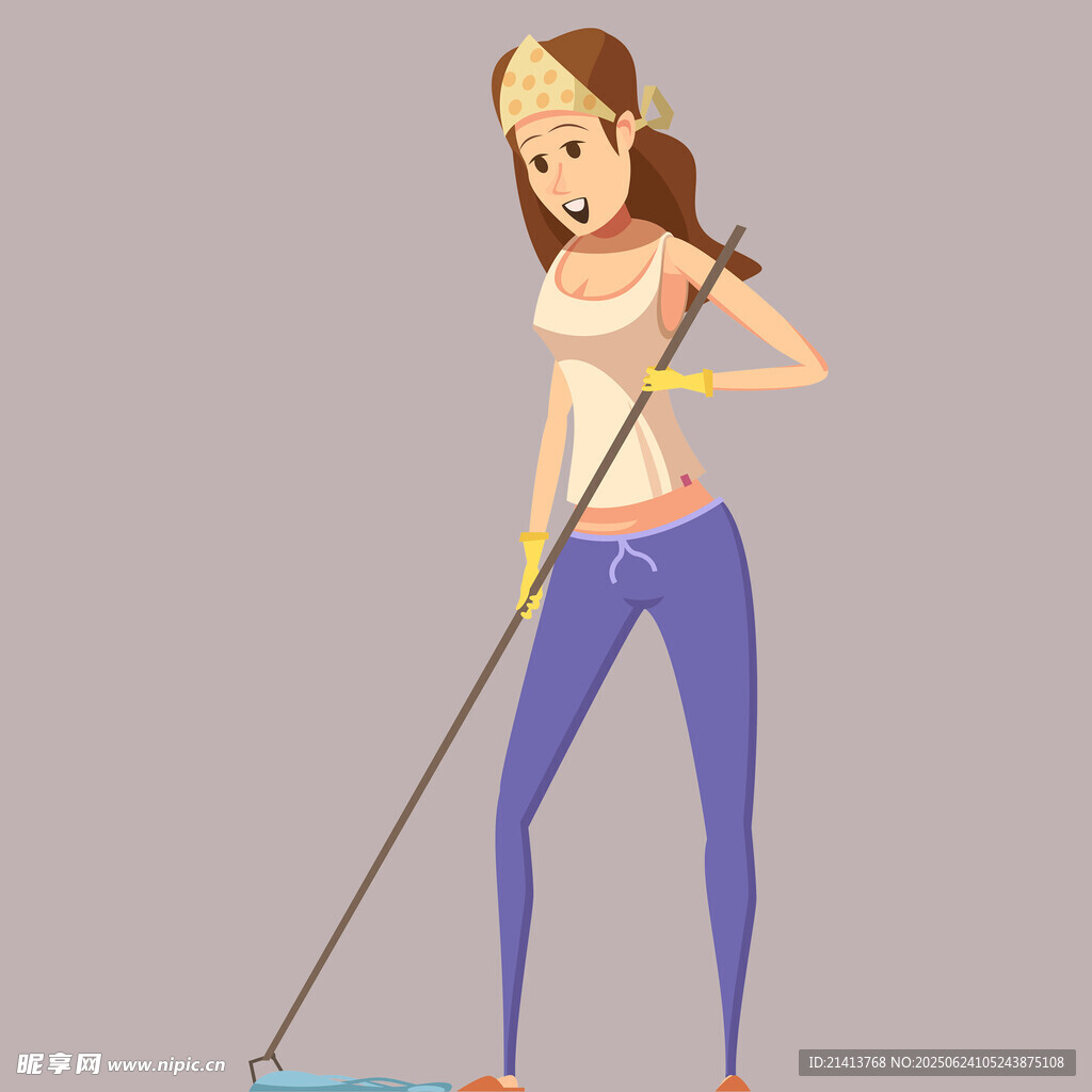女子手持拖把專注清潔