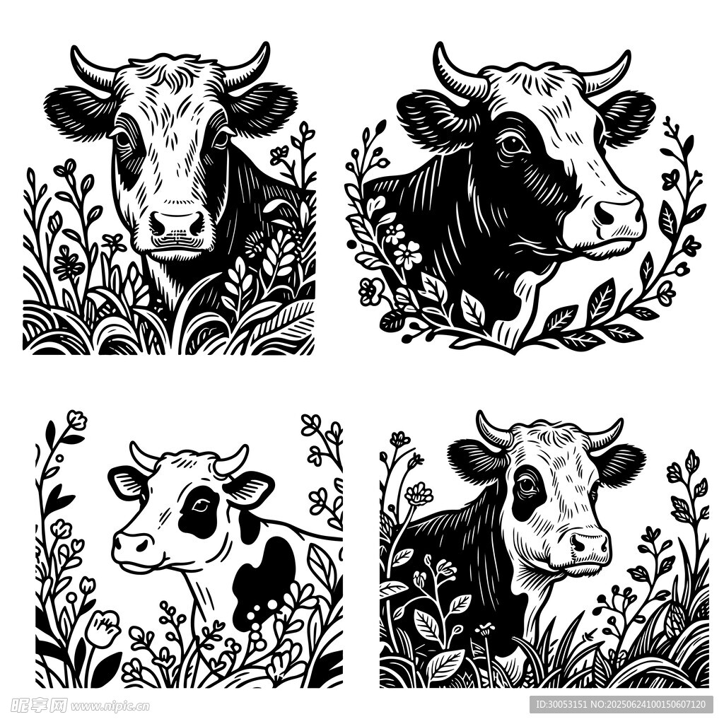 四幅黑白奶牛插畫圖案