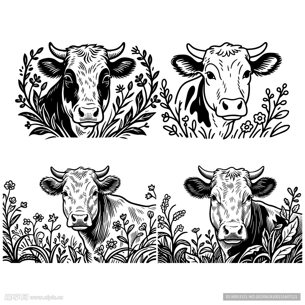 四幅牛的黑白插畫圖案