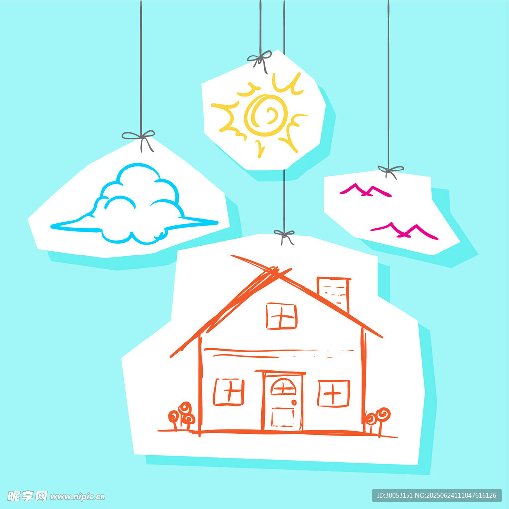 手繪房屋與天空元素插畫