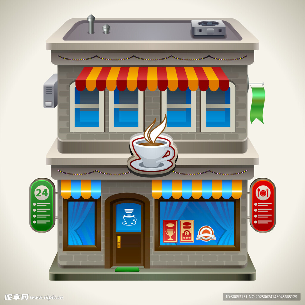 兩層茶飲店建筑插畫