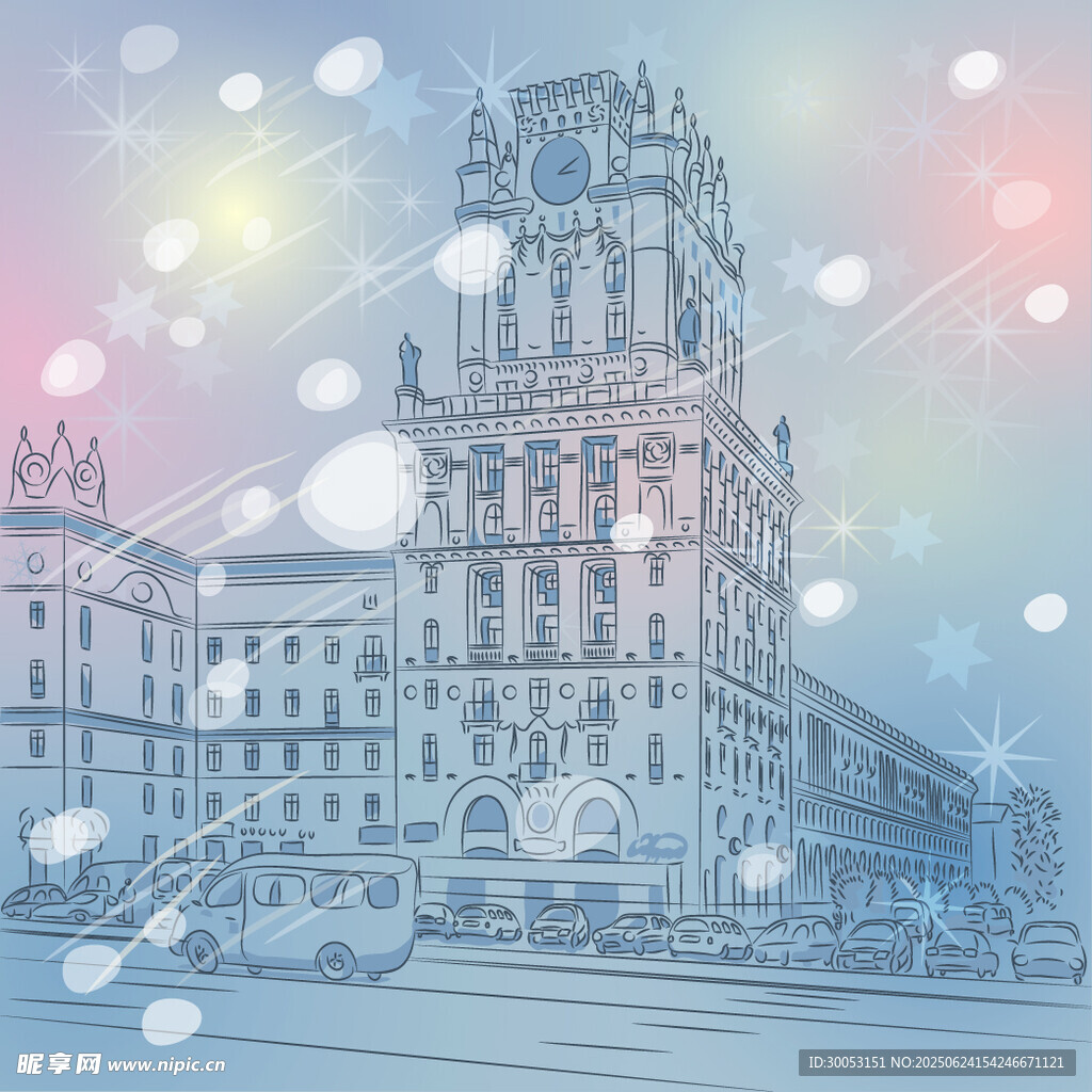 冬日夢(mèng)幻城市建筑雪景圖