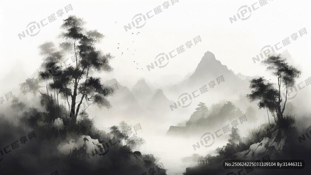 水墨畫 近景竹林 遠景遠山