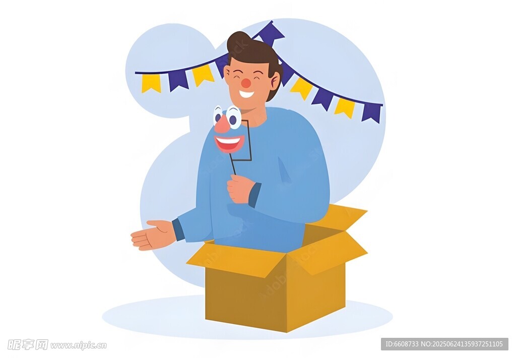 男子坐在箱中手持玩偶