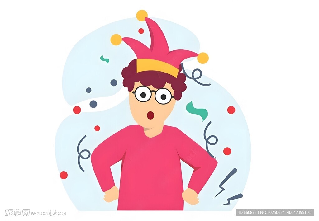 戴小丑帽驚訝的卡通人物