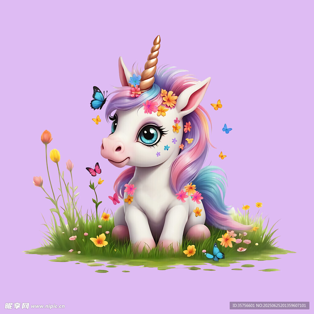 可愛獨角獸于花叢中