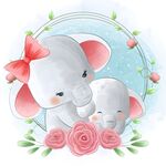 可愛大象母子與玫瑰裝飾