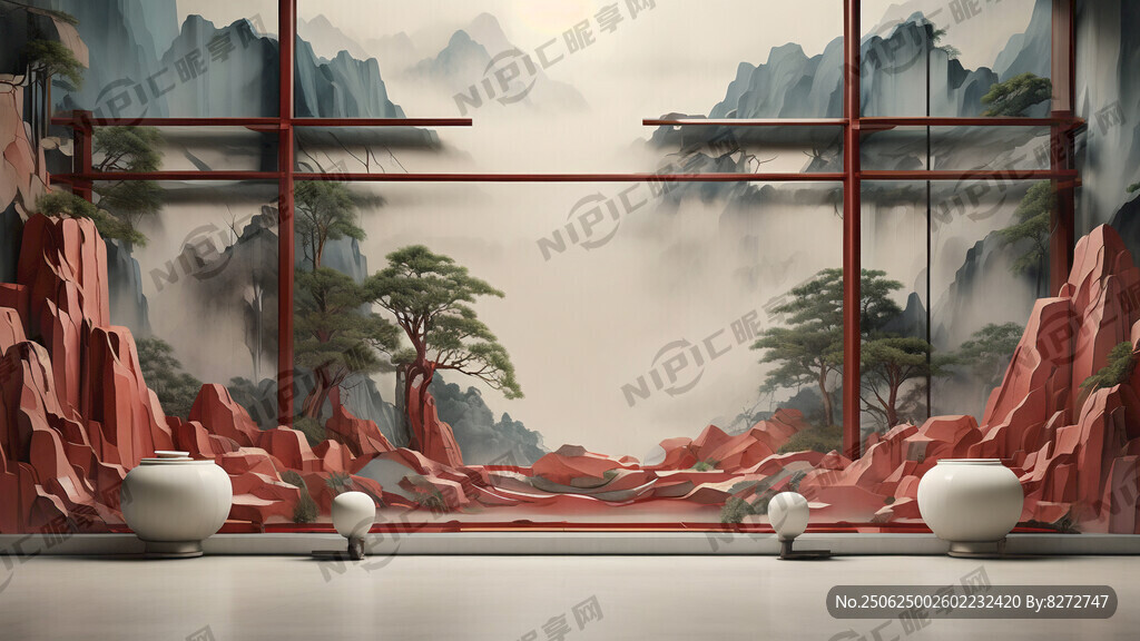 新中式山水格柵背景墻