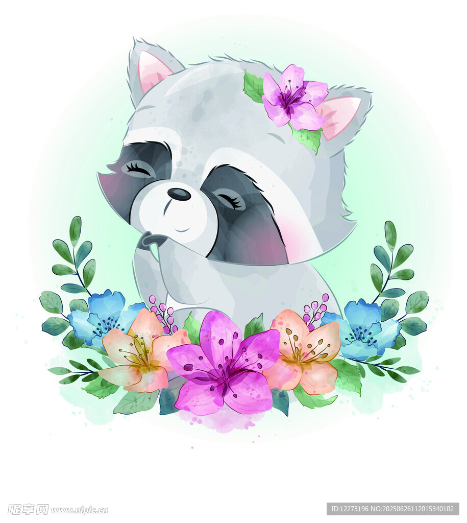 浣熊花卉插畫