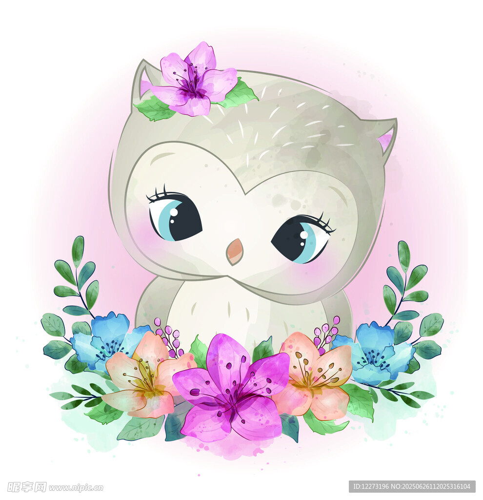 可愛貓頭鷹與繽紛花朵