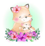可愛狐貍母子與繽紛花朵