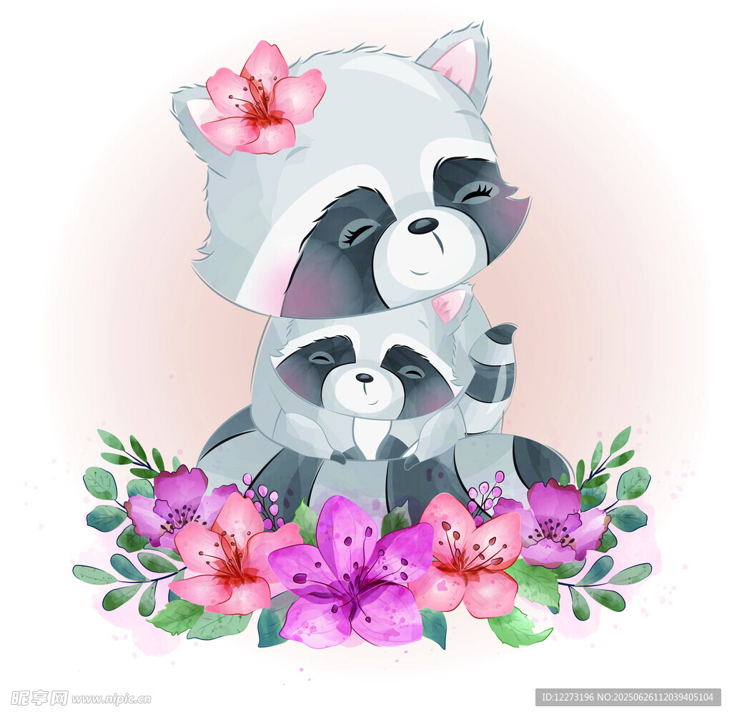 浣熊母子花叢溫馨畫面